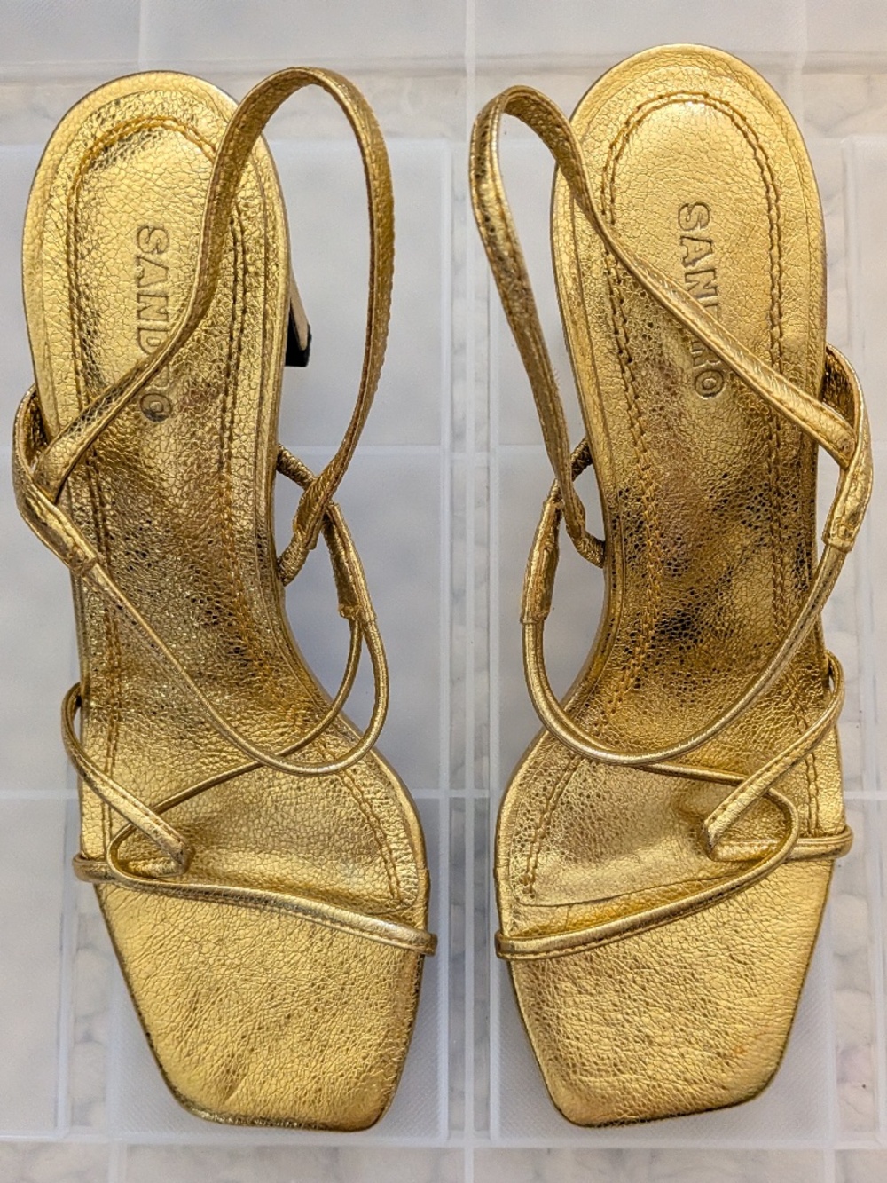 Sandro Faye Metallic Gold Square Toe Strappy Slingback Sandals EU 36